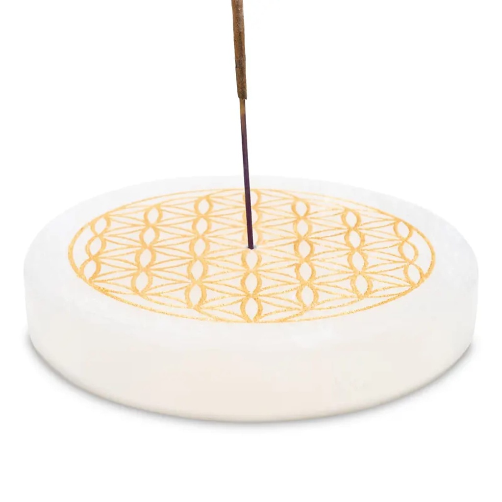 Porte-encens en sélénite fleur de vie ronde | 9 cm; 260 g