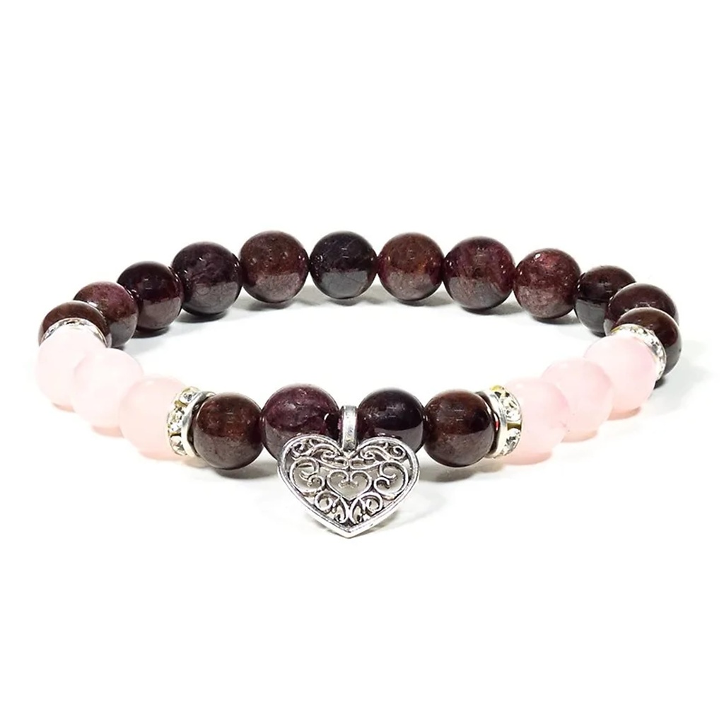 Bracelet Grenat / Quartz rose avec coeur | 8mm
