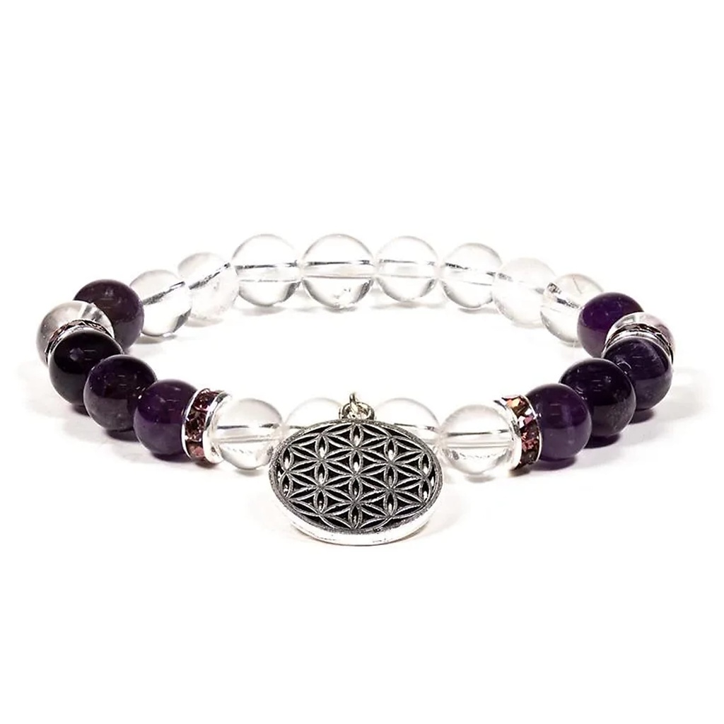 Bracelet Cristal de roche / Améthyste + fleur de vie | 8 mm