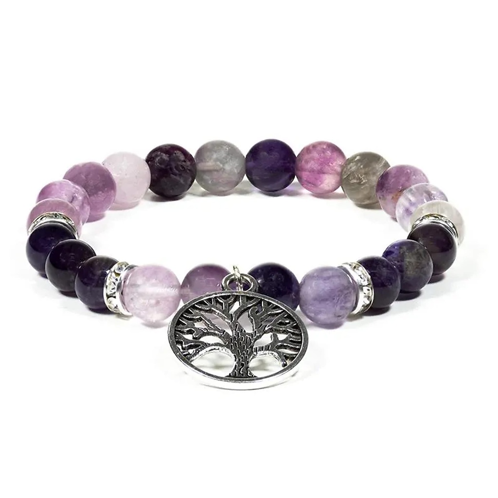 Bracelet Fluorite / Améthyste avec arbre de vie | 8mm