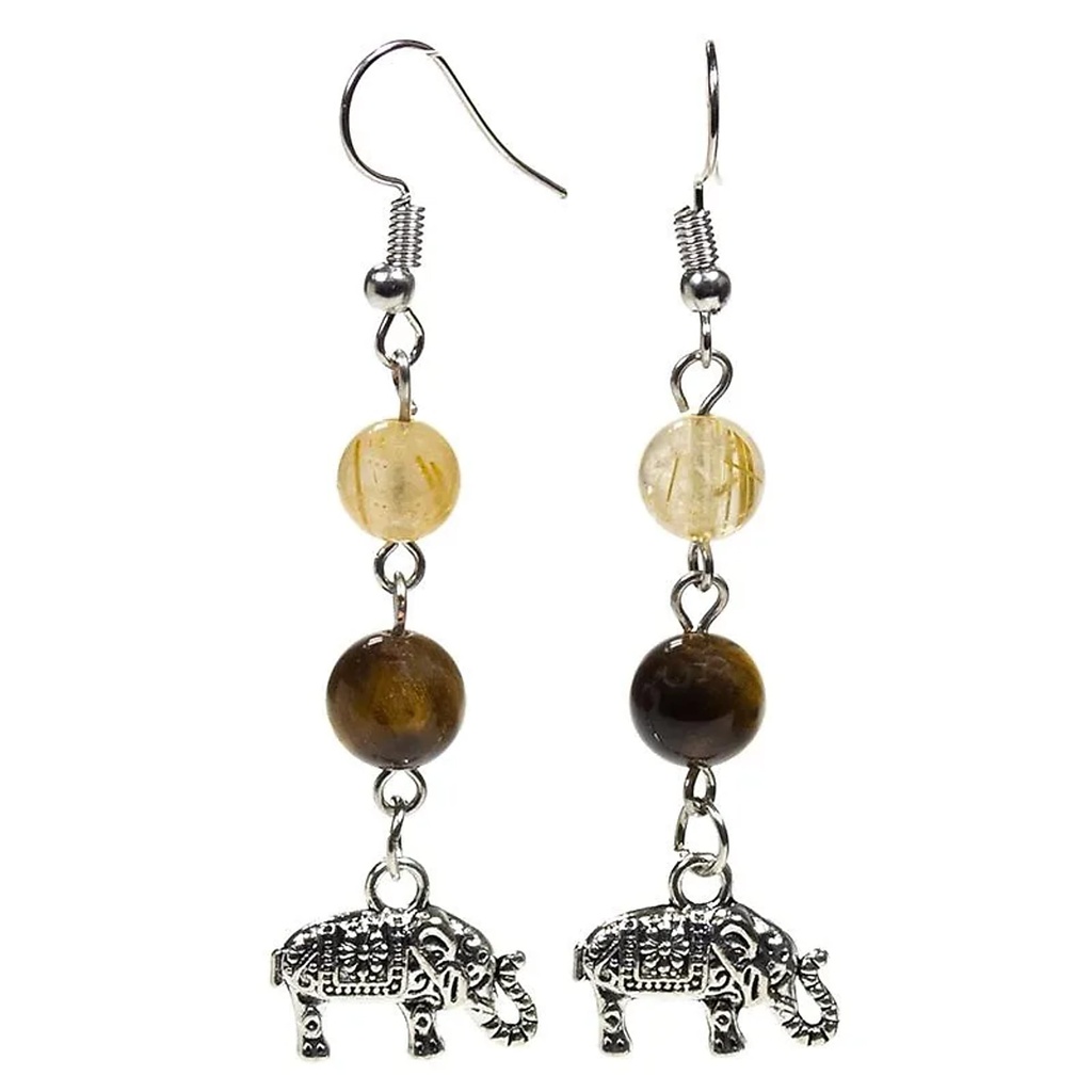 Boucles d'oreilles Oeil de tigre/Quartz rutile + éléphant | 8 mm