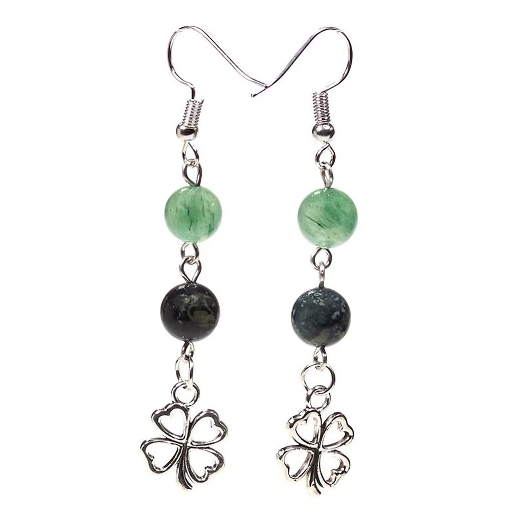 Boucles d'oreilles kambaba/Aventurine verte + trèfle | 8 mm