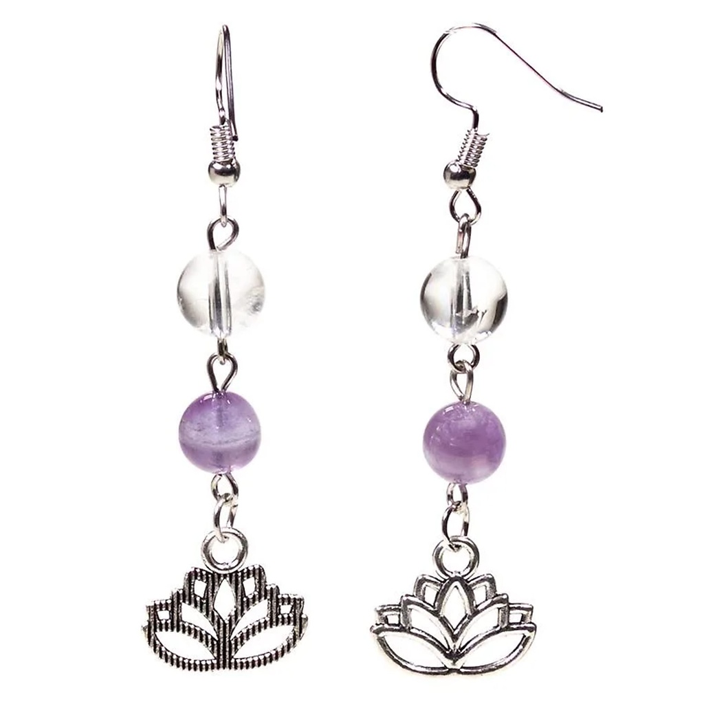 Boucles d'oreille Amethyste chevron/Cristal de roche  lotus | 8mm