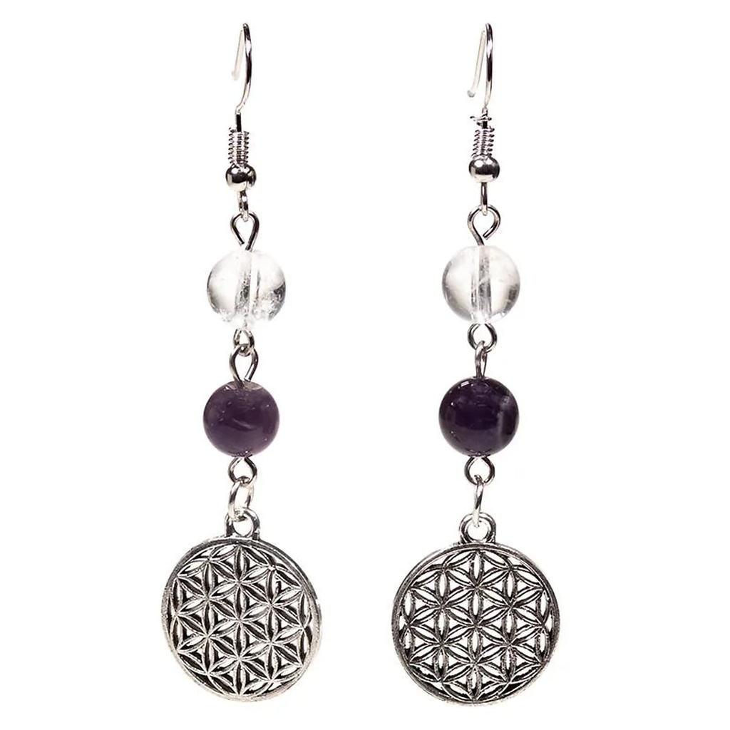 [8720088291801] Boucles d'oreilles Cristal de roche/Améthyste fleur de vie | 8mm