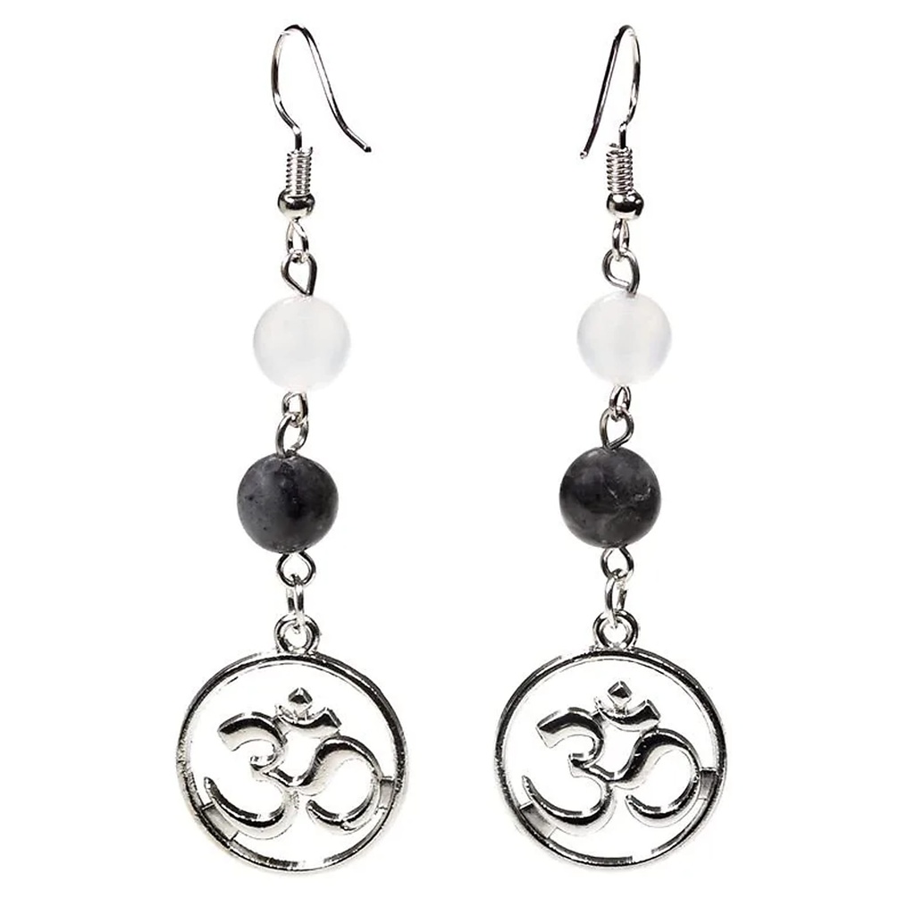 Boucles d'oreilles Labradorite/Agate blanche & om | 8 mm