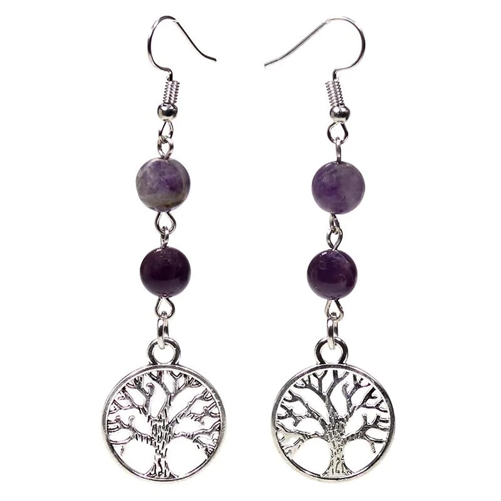 Boucles d'oreilles fluorite/améthyste arbre de vie | 8 mm