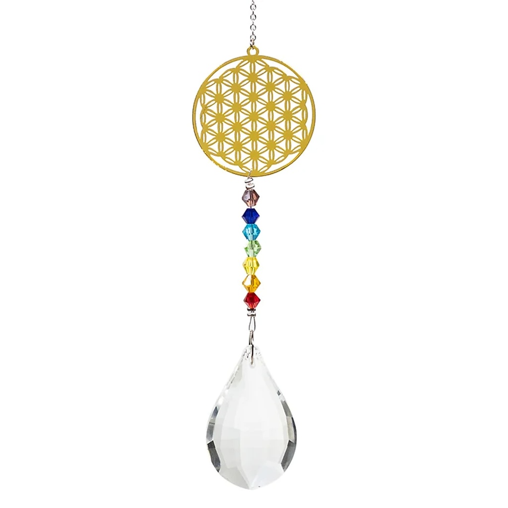 Fleur de Vie goutte de cristal & chaine des chakra | 29 cm