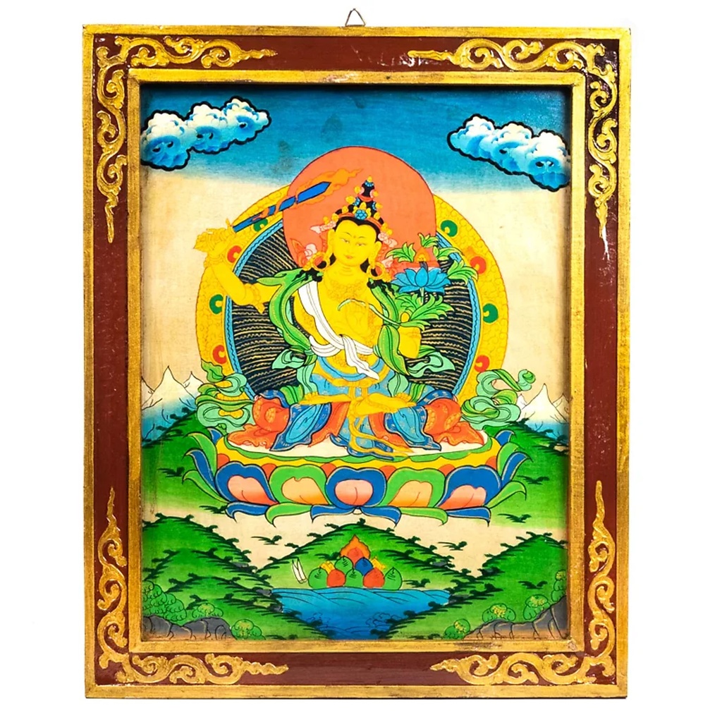 Bouddha Manjushri thangkha panneau bois petit | 33x44 cm