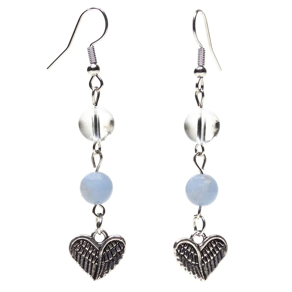 Boucles dóreilles angélite/cristal de roche avec cœur | 0.8 cm