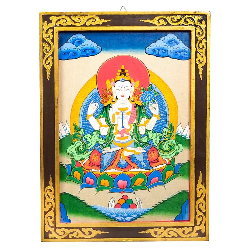 Bouddha Chenresig thangkha panneau en bois | 33x44 cm
