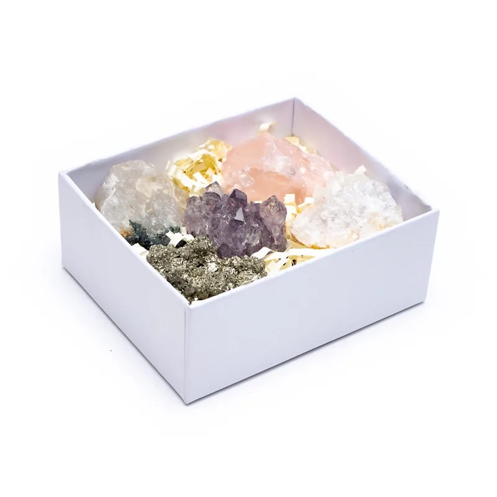 Coffret avec 5 roches en cristal minéral | 8.5x10x4 cm