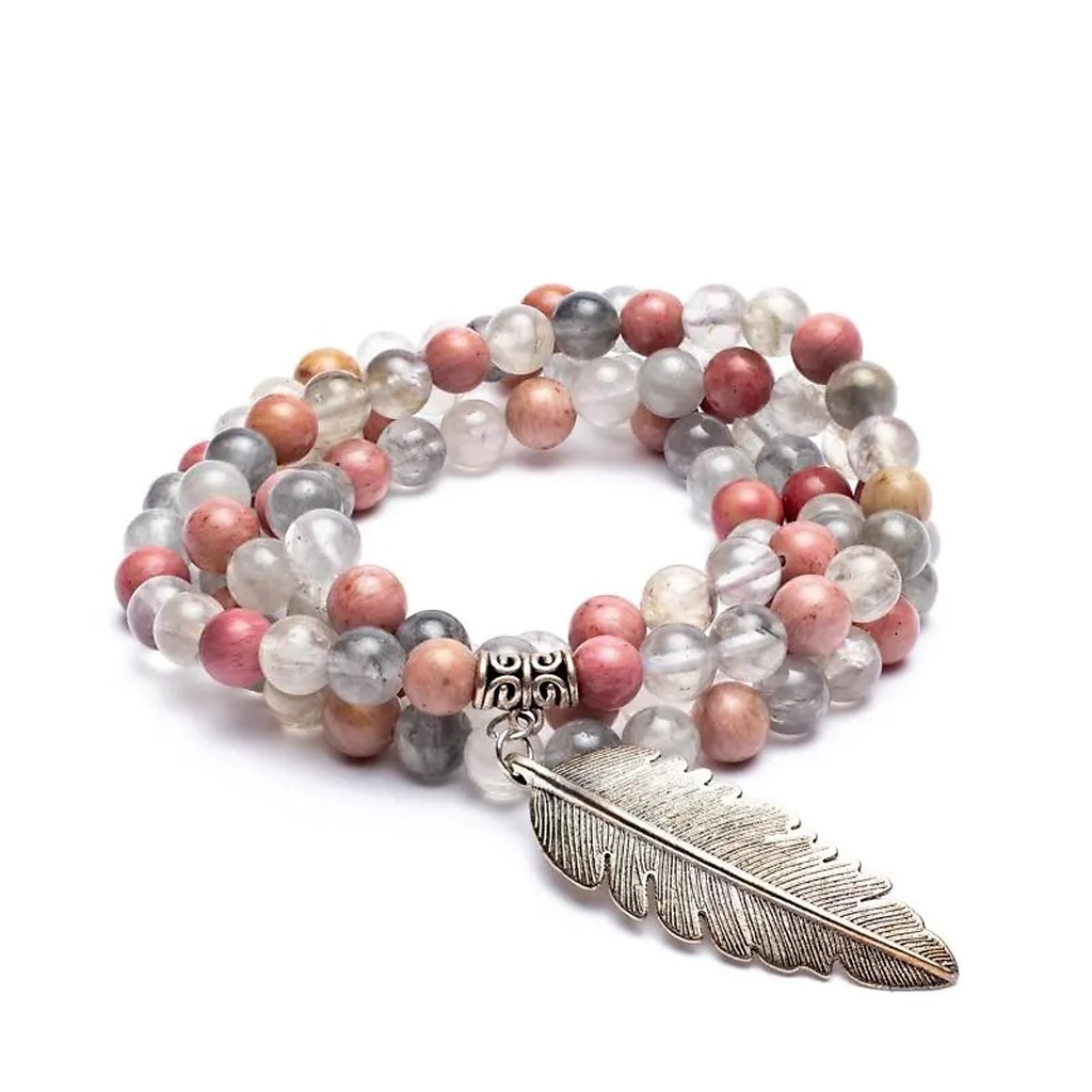 Mala Rhodonite/ Quartz gris + plume | 0.8cm