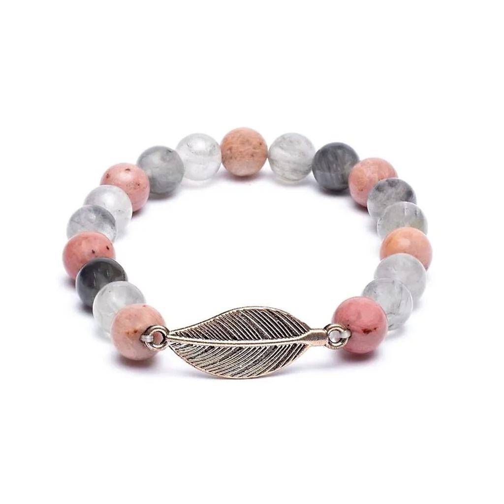 Mala/bracelet Rhodonite/ Quartz gris + plume | 0.8 cm