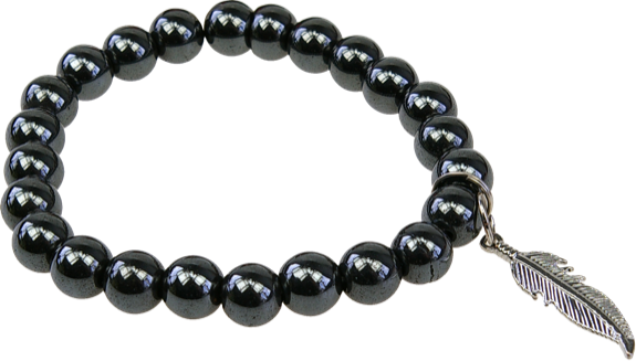Bracelet Hématite Perles rondes 8 mm et Breloque plume