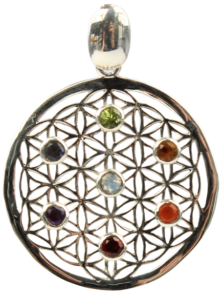 Pendentif Pierres des Chakras Argent 925 Fleur de vie