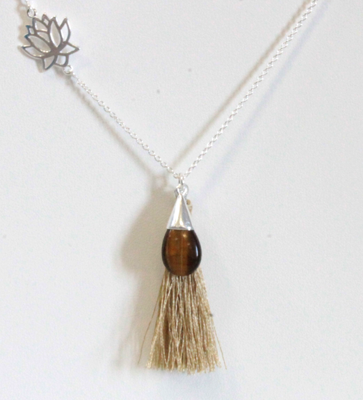 Collier Goutte Oeil de Tigre Fleur de Vie et Pompon - Argent 925