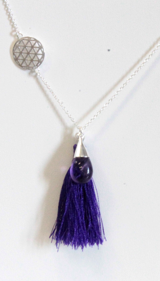 Collier Goutte Améthyste Fleur de Vie et Pompon - Argent 925