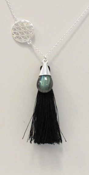 Collier Goutte Labradorite Fleur de Vie et Pompon - Argent 925