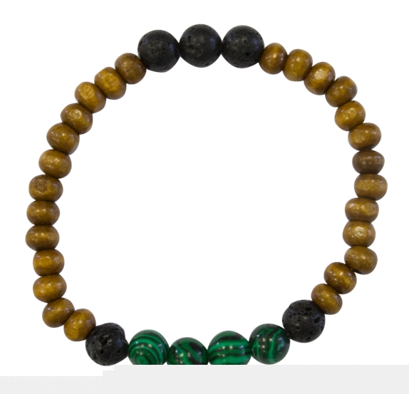 Bracelet H Bois, Malachite et Pierre de lave Perles rondes 8 mm