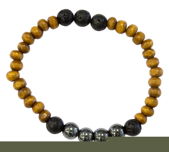 Bracelet H Bois, Hématite et Pierre de lave Perles rondes 8 mm
