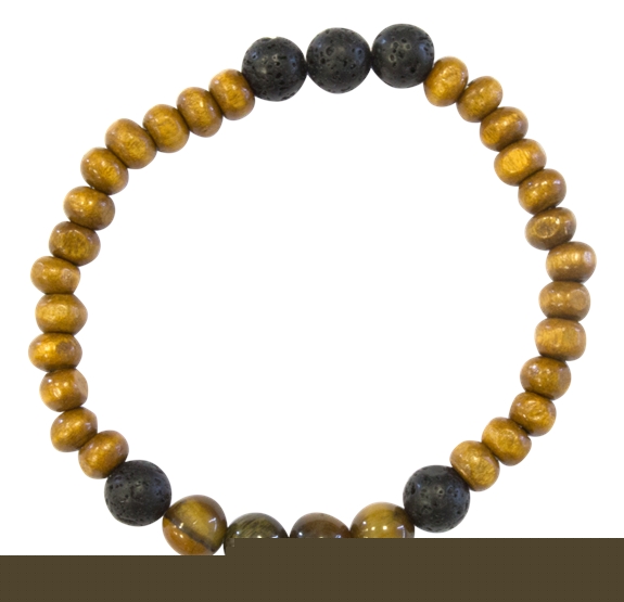 Bracelet H Bois, Oeil de Tigre et Pierre de lave Perles rondes 8 mm