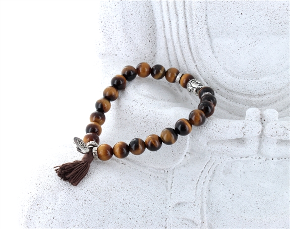 Bracelet Oeil de Tigre Perles rondes 8 mm Pompon et Lotus