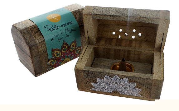 Boîte Bois de Manguier pour encens en cônes - Ornement Mandala