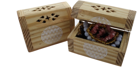 Boîte à bijoux en bois avec velours à l'intérieur - Ornement Fleur de Vie