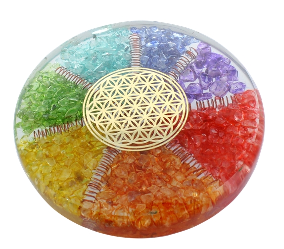 [3660341630013] Sous verre Orgonite 7 Chakras avec symbole Fleur de Vie