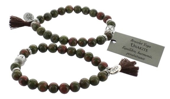 Bracelet Unakite Perles rondes 8 mm Pompon et Lotus