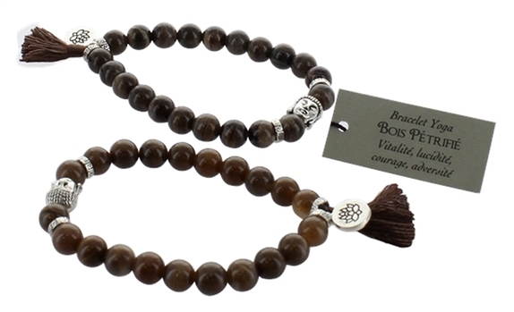 Bracelet Bois Pétrifié Perles rondes 8 mm Pompon et Lotus