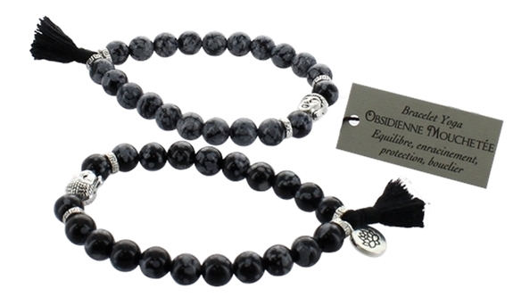 Bracelet Obsidienne Mouchetée Perles rondes 8 mm Pompon et Lotus