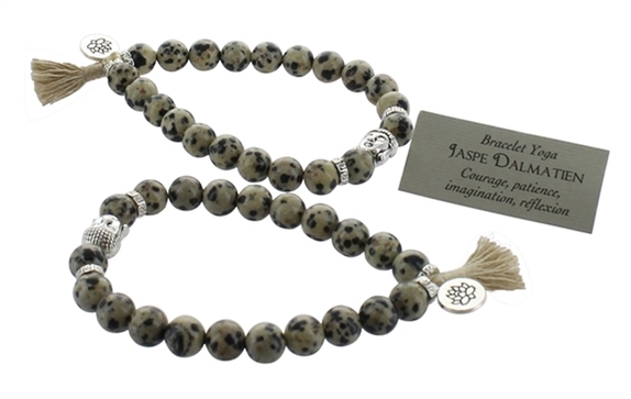 Bracelet Jaspe Dalmatien Perles rondes 8 mm Pompon et Lotus