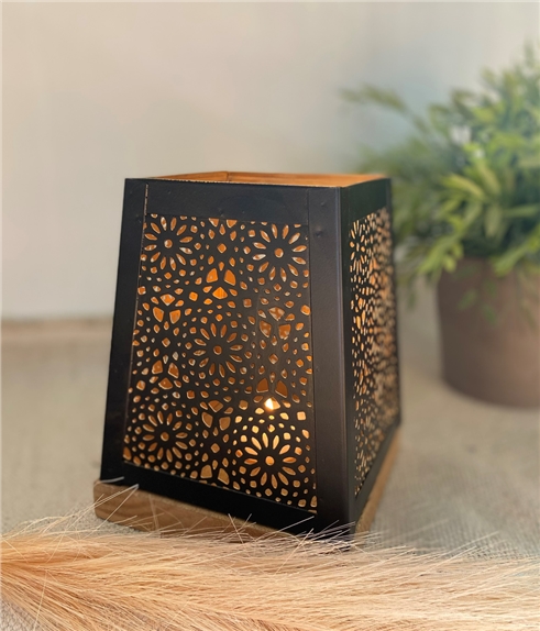 Photophore Carré Base Bois - 13 x 16 cm