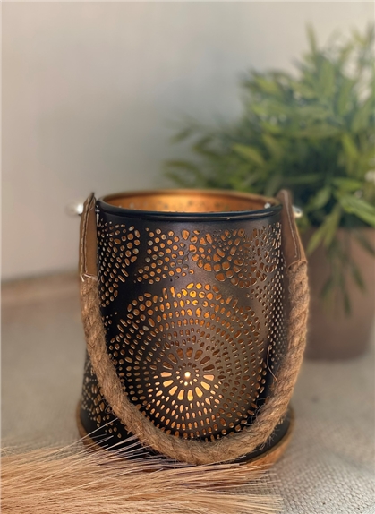 Photophore Rond Base Bois Sangle Jute - 13 x 14 cm