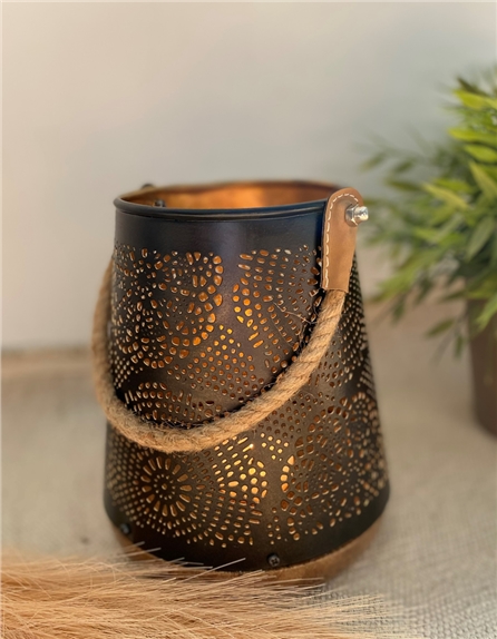 Photophore Rond Base Bois Sangle Jute - 15 x 18 cm