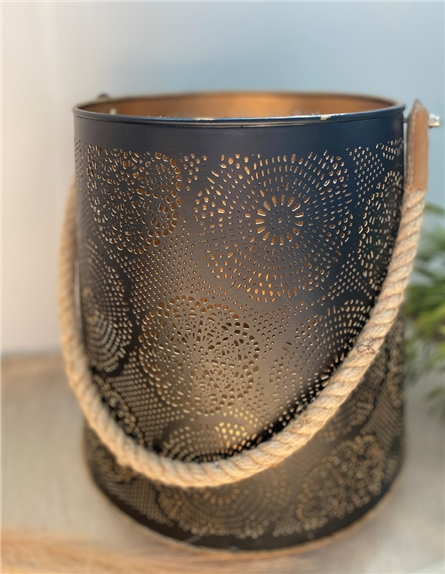 Photophore Rond Base Bois Sangle Jute - 28 x 30 cm