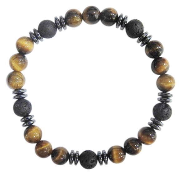 Bracelet H Oeil de tigre et Pierre de lave Perles rondes 8 mm