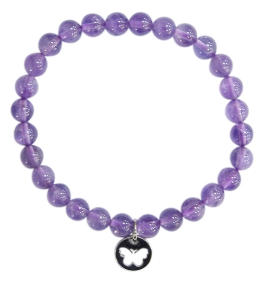Bracelet Améthyste Perles rondes 6 mm Breloque papillon