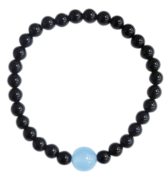 Bracelet Onyx noir Perles rondes 6 mm et Perle unique Calcédoine Bleue 1 cm