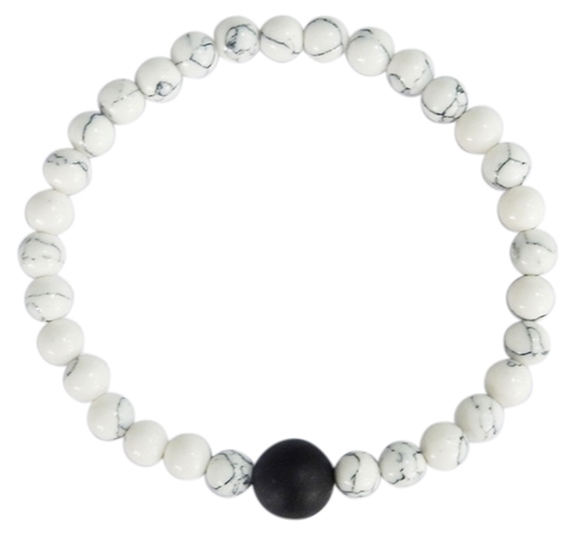 Bracelet Howlite Blanche Perles rondes 6 mm et Perle unique Onyx Noir 1 cm
