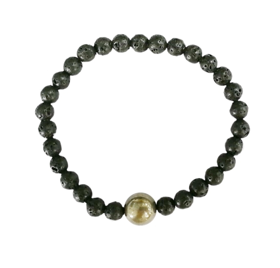 Bracelet Pierre de lave Perles rondes 6 mm et Perle unique Pyrite 1 cm