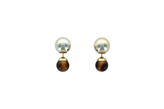 Boucles d'oreilles Oeil de Tigre Boules Réversibles Métal Doré