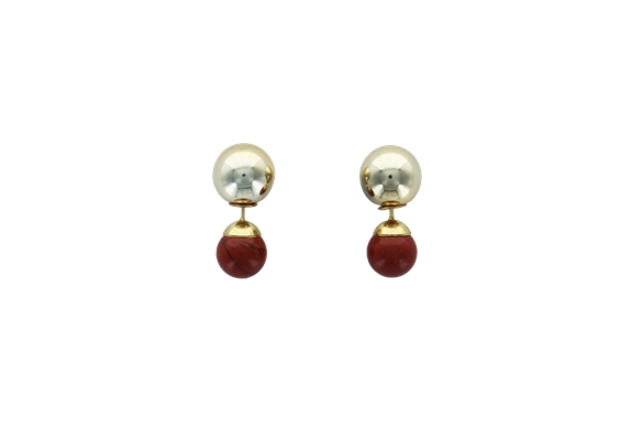 Boucles d'oreilles Jaspe Rouge Boules Réversibles Métal Doré