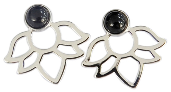 Boucles d'oreilles Onyx Noir Perle et Lotus Métal argenté