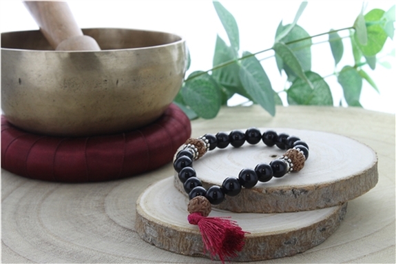 Bracelet Mala en Obsidienne Noire et Rudraksha