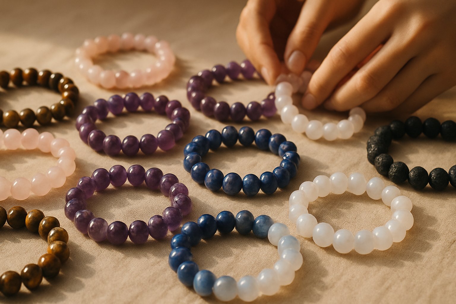 Bracelets en pierres naturelles et perles de lithothérapie aux couleurs des 7 chakras