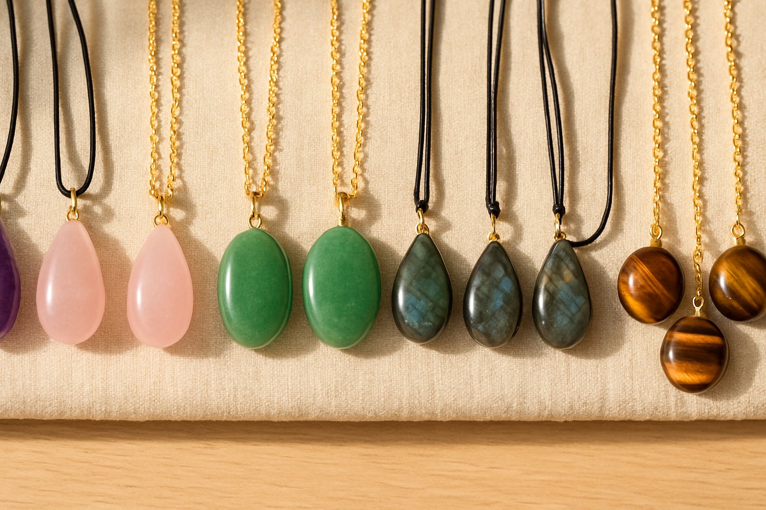 Colliers en pierres naturelles améthyste quartz rose et labradorite sur cordon