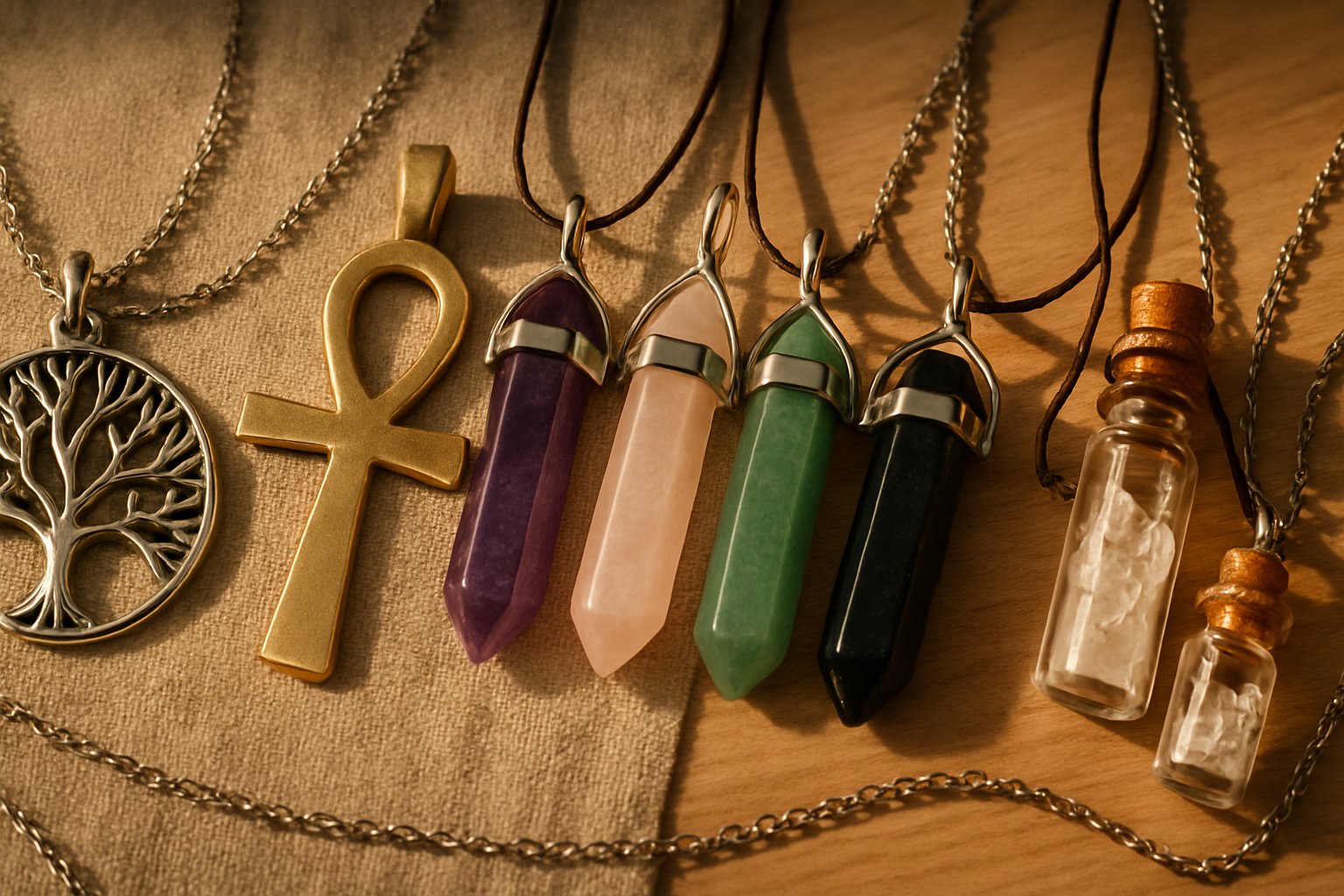 Pendentifs ésotériques arbre de vie, croix Ankh et pierres naturelles