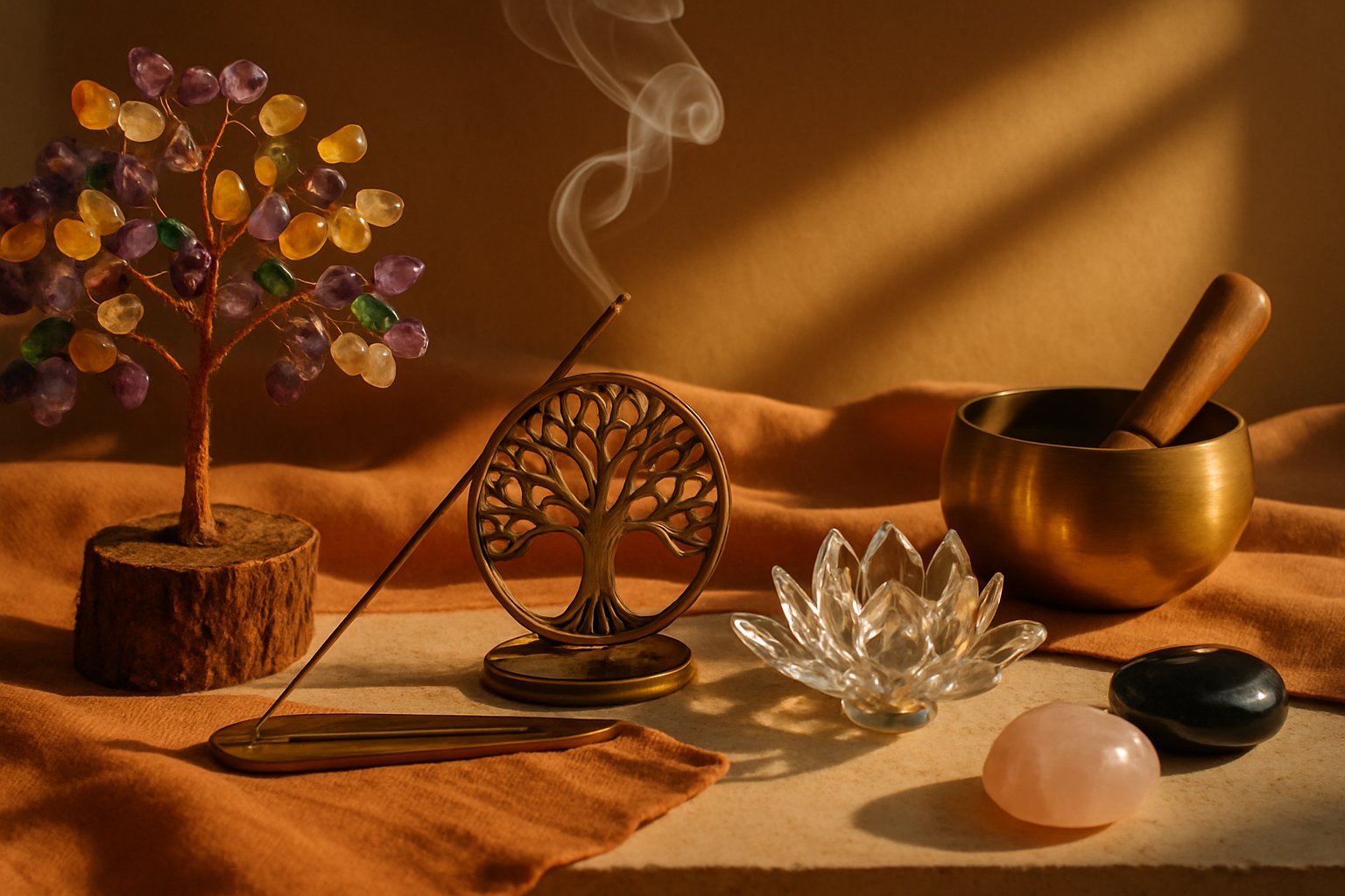 Objets Feng Shui harmonie maison arbres pierres précieuses porte-encens lotus